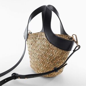 Woven Straw Bucket Bag with Black Trim